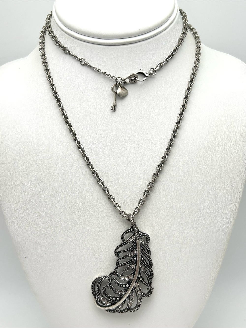 Fossil Jeweled Feather Pendant Necklace